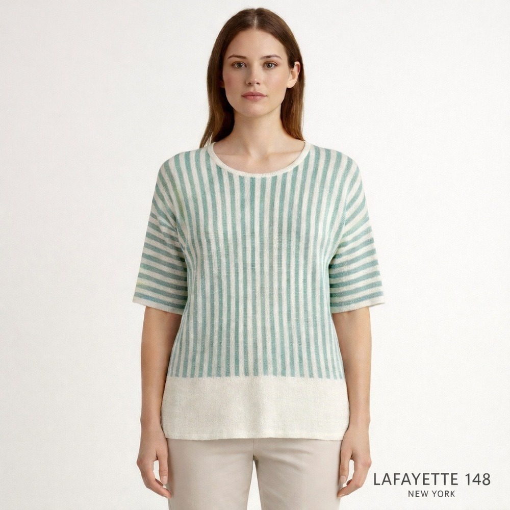 Lafayette 148 New York‎ Linen Blend Striped Knit Top Sage Green Cream Large